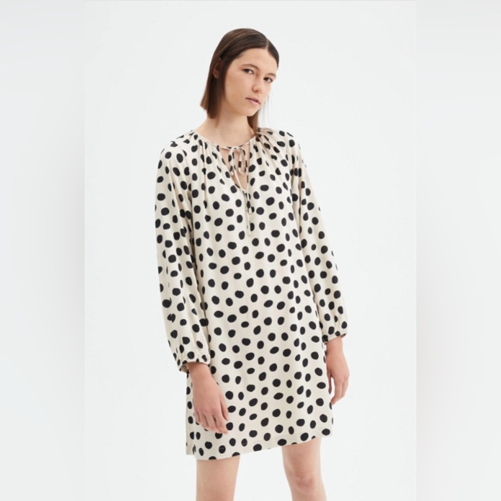 Boutique Fantastica‎ Cream Serval Print Polka Dot Tie Neck Swing Mini Dress